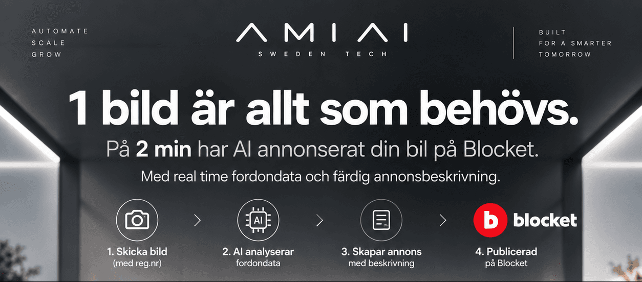 1 bild är allt som behövs. Fyra steg: skicka bild, AI analyserar, skapar annons, publicerad på Blocket.