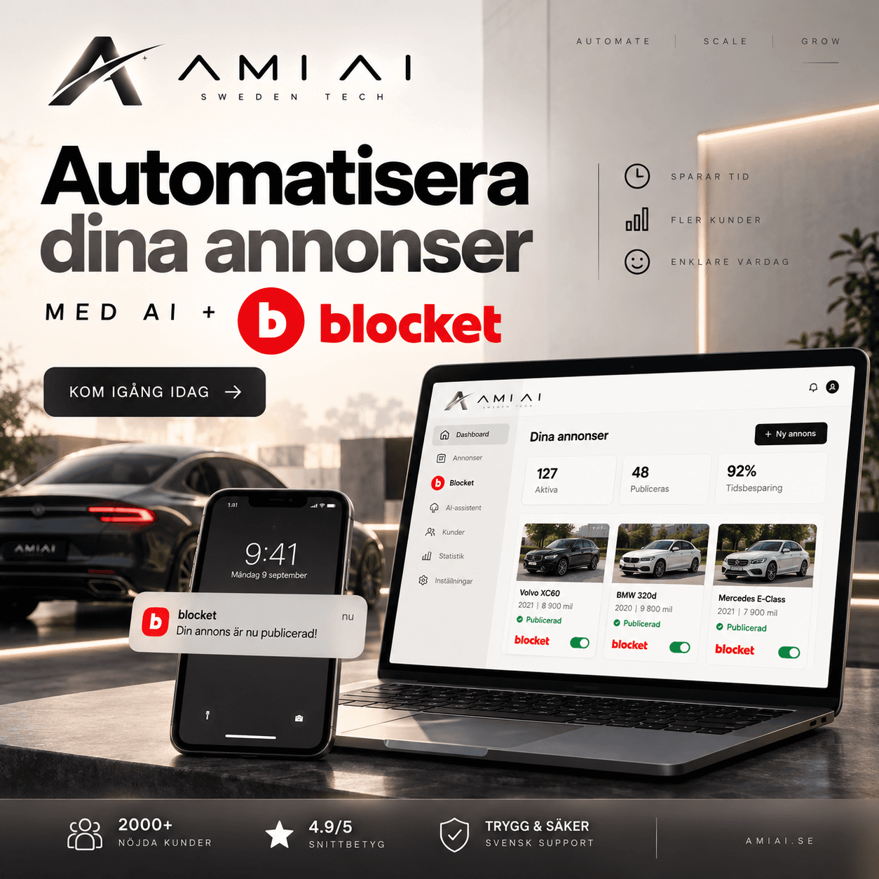 AMI AI med Blocket: automatisera era annonser. Sparar tid, fler kunder, enklare vardag.